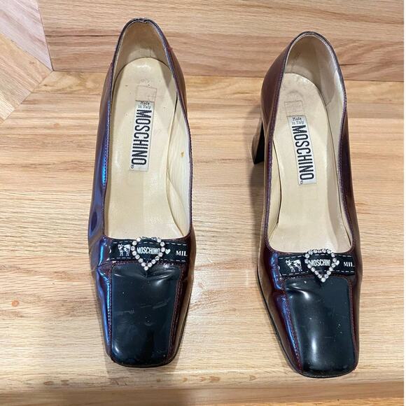 VTG Moschino Patent Leather Color Block  37.5uk/8us Burgundy and Black Italy - Picture 9 of 14